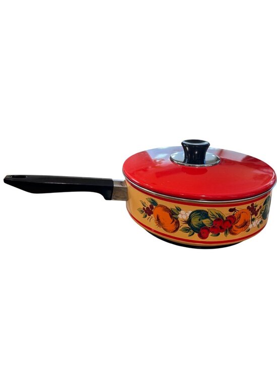 No details listed on item Other - Fancipan Enamel Saucepan Lid Red Vegetable Design Metal Handle Kitchen Decor Vtg